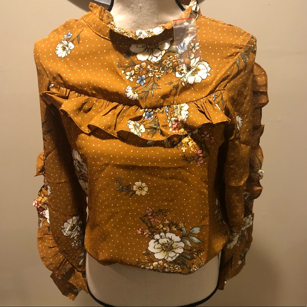 Floral Ruffle High-Neck Blouse - Mustard